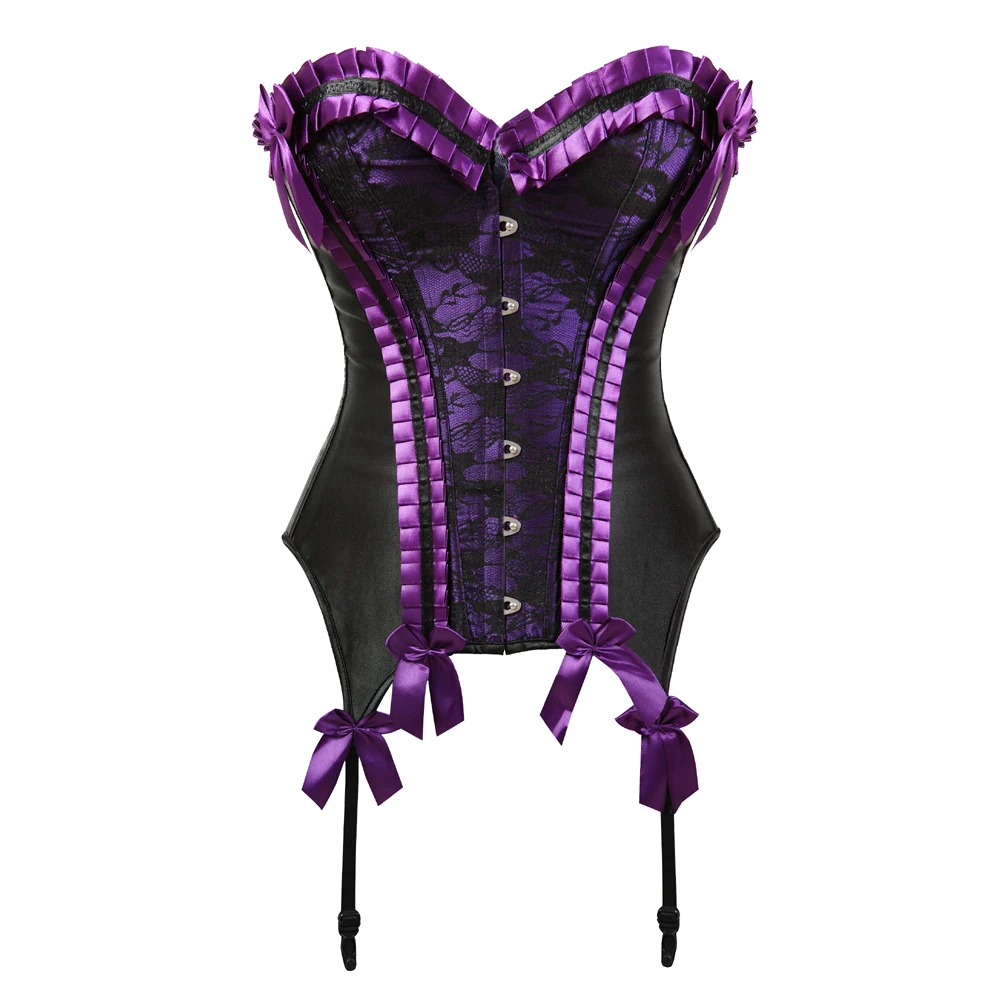 

Women's Slimming Corset Sexy Overbust Lace Flower Print Bow Ruffles Victorian Corset Waist Cincher Purple Red Bustiers Corsets