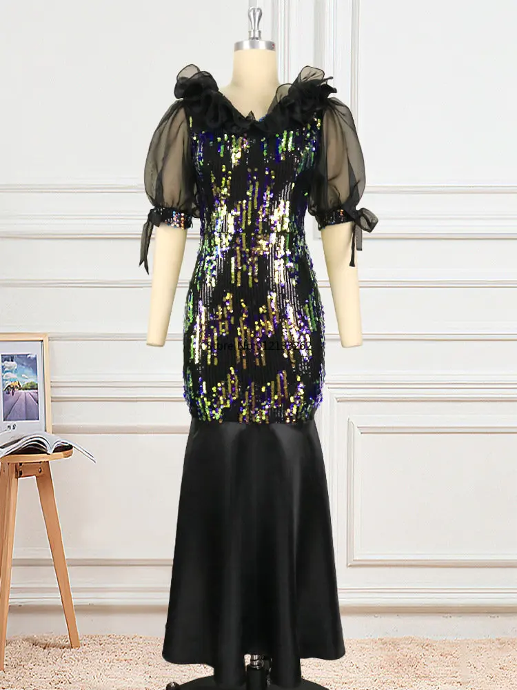 

Black Glitter Dresses Plus Size 3XL Women O Neck Short Sleeve High Waist Evening Birthday Party Outfits Sequins Mermaid Gowns