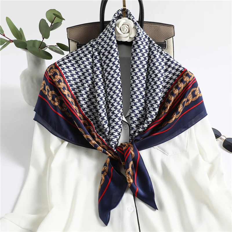 

Plaid Satin Silk Hijab Square Scarf Women Bandana Muslim Headscarves Neckerchief 2021 New Shawls Bag Wrap Headband Foulard 90cm