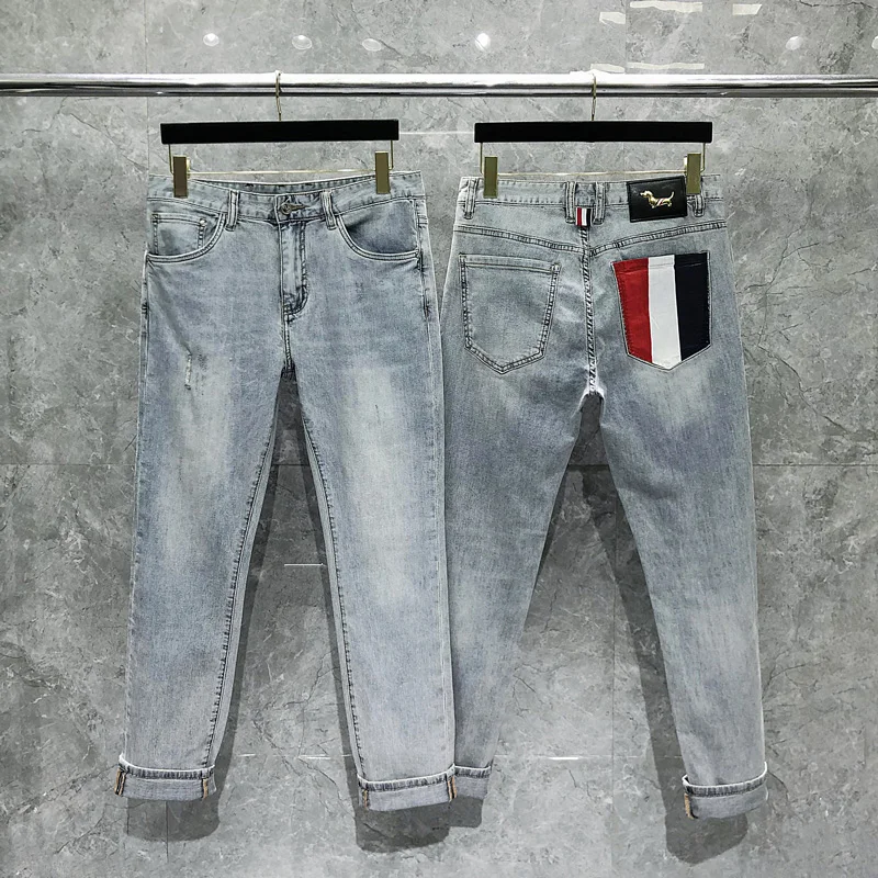 TB THOM Jeans 2022 Korean Fashion Brand Men Pants Classic RWB Stripes Color Pocket Solid Trousers Casual Harajuku Slim Jean