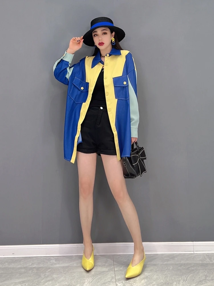 

SuperAen 2022 Spring New Fashion Turn Down Collar Casual Shirt Casual Splicing Women Jeans Jacket