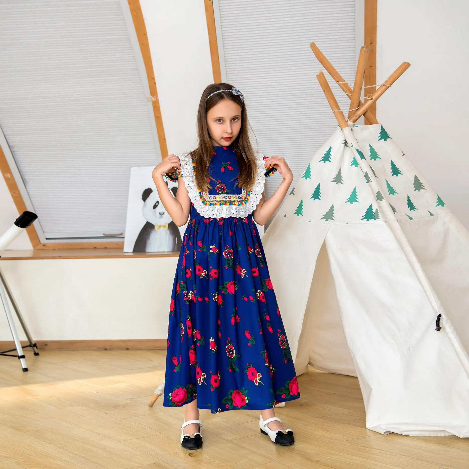 Sl003 Kids Summer Embroidered Robe Dubai Girl's Clothing Arab Abaya Formal Occasion Dresses Sequin Abaya Dignified Skirt Robe