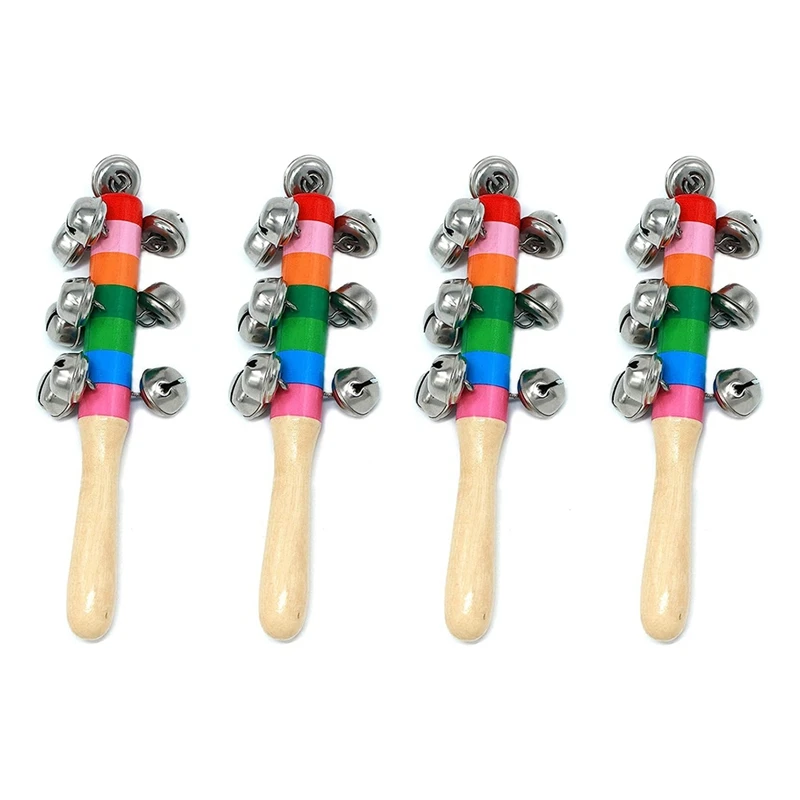 

4 Pcs Hand Jingle Bells, Rainbow Handle Wooden Bells Jingle Stick Shaker Rattle Baby Kids Children Musical