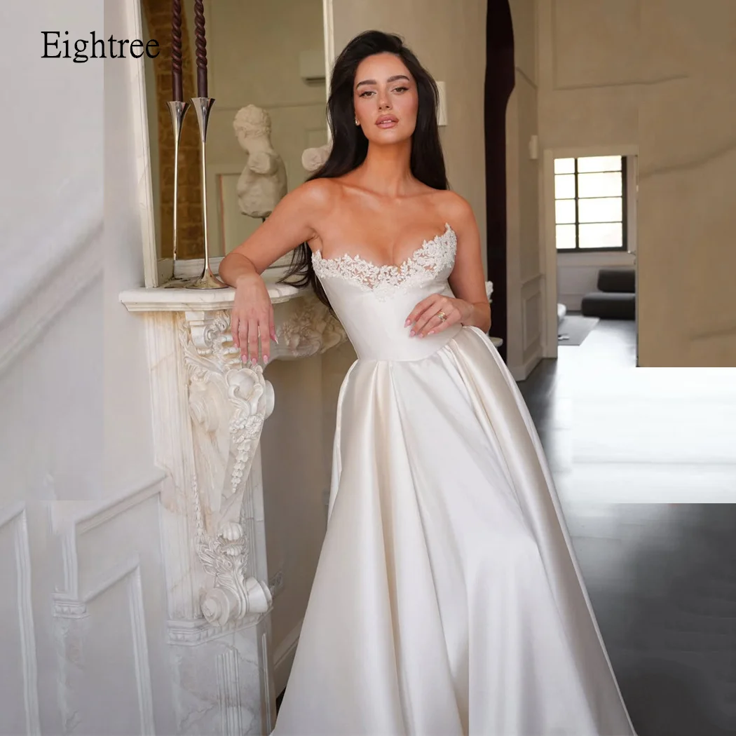 Фото Изысканное свадебное платье Eightree из атласа цвета слоновой кости с кружевом, без бретелек, А-силуэт, для церемоний, длиной в пол, вечернее платье, на заказ №2