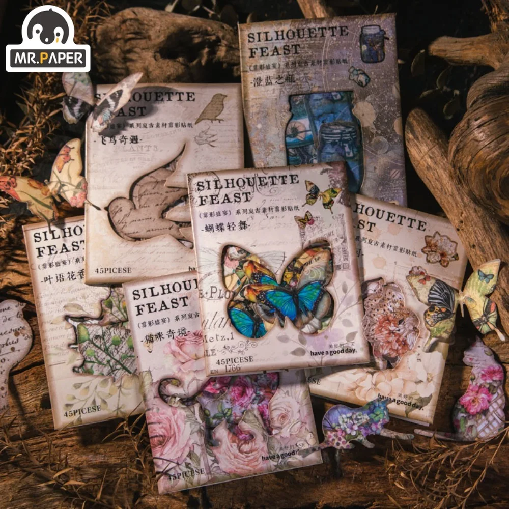 

Mr. Paper Vintage Silhouette Stickers Beautiful Cat Butterfly Handbook Decoration Aesthetic Stickers Stationery 45pcs/pack