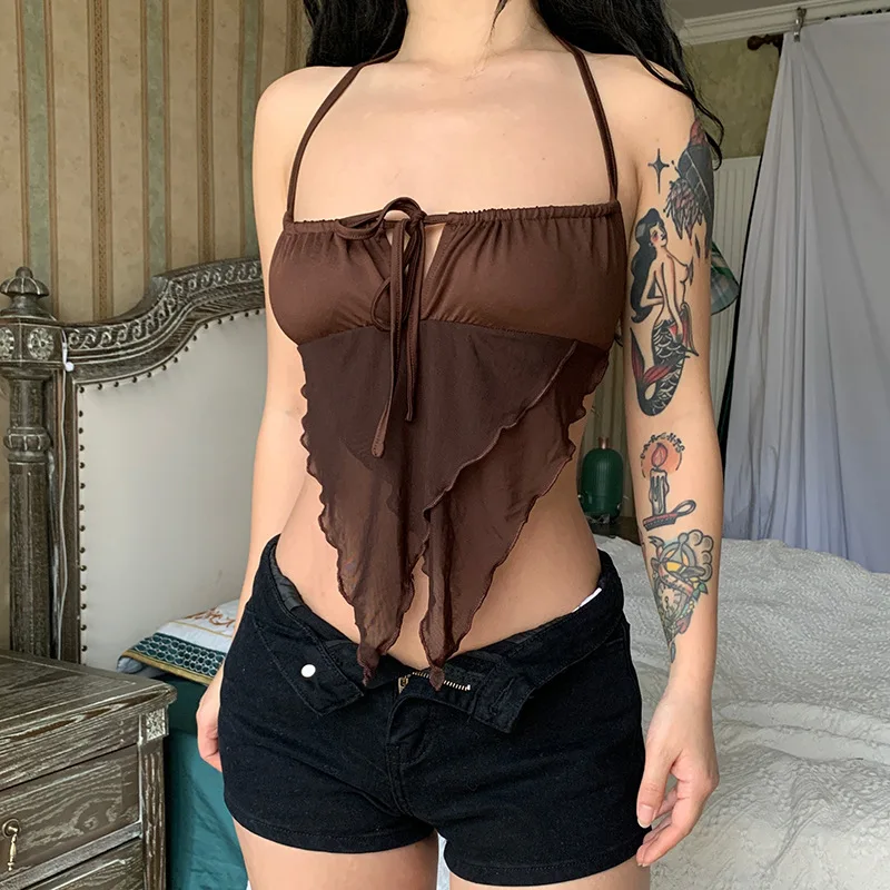 

Women Halter Tops Club Slim Sexy Gothic Patchwork Mesh Lace-up Backless Low Cut Fashion Crop Top Girl Skinny Bustier Tank Top