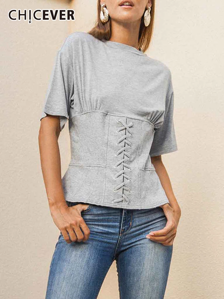 

CHICEVER Gray Patchwork T Shirt For Women Round Neck Short Sleeve Cross Bandage Gathered Waist T Shirts Female 2022 Clothing New
