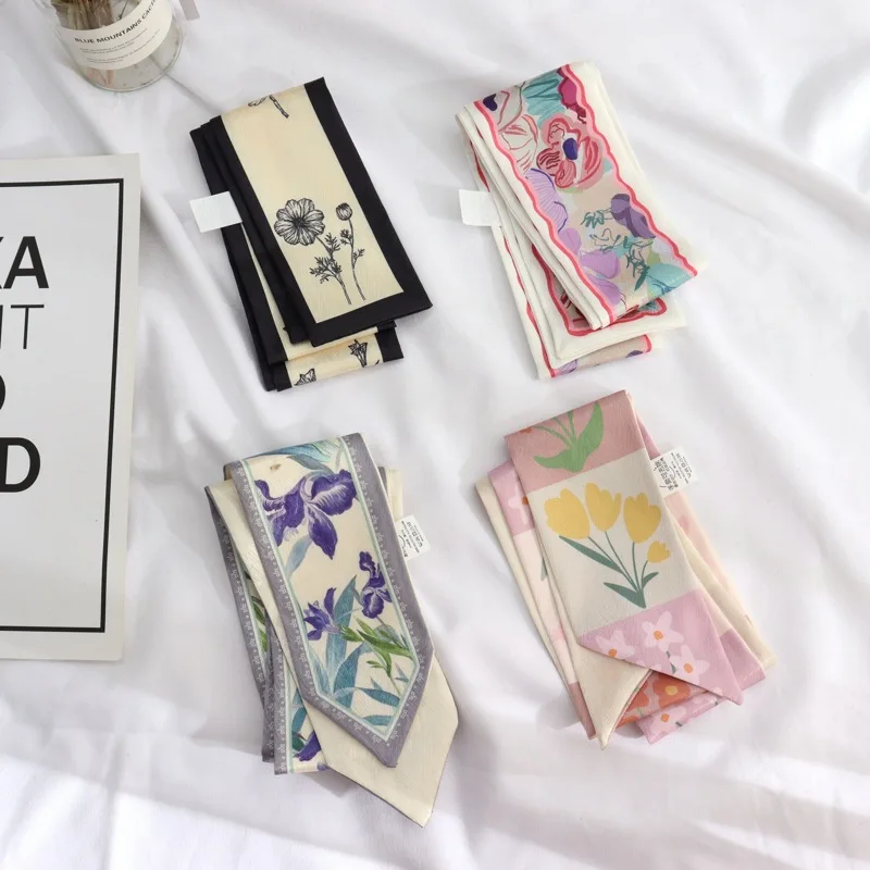 Шарф атласный Шелковый женский, тесемка, шарф, с растительным принтом Шарф атласный Шелковый женский, тесемка, шарф, с растительным принтом