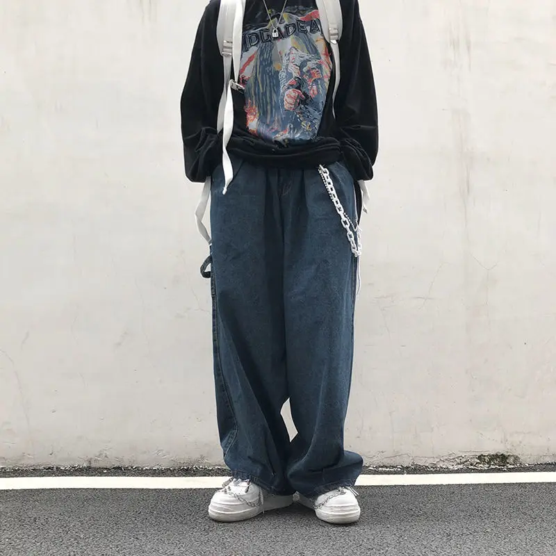 New Fashion Individuality Japanese-style Jean Men Loose Stripe Denim Pant Bule/Black Man and Women Hip Hop Streetwear Trouser