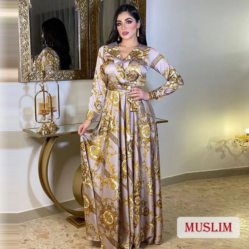 

Modern Woman Muslim Dubai Party Dress Elegant Silk Print Evening Robe Abaya Dresses Luxury Turkey Lslamic Abaya Musulman Vestido