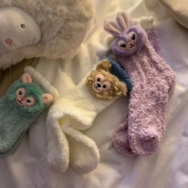 Новые кавайные носки среднего размера из кораллового флиса Disney Stellalou Duffy Bear