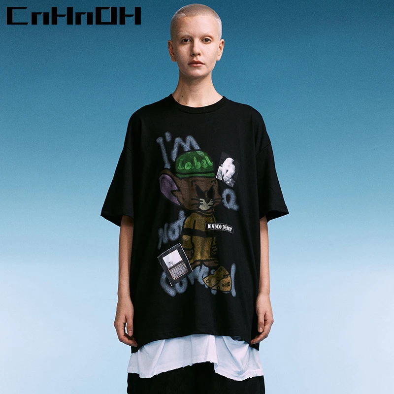 CnHnOH New Arrival Spring Hip-hop Brand Oversize Short-sleeved Original Angry Mouse Cartoon Printing Loose T-shirt Male 9696