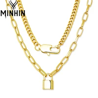 minhin 2pcslot layered chain gold color lock pendant necklace square lobster buckle cuban chain simple necklaces for women men