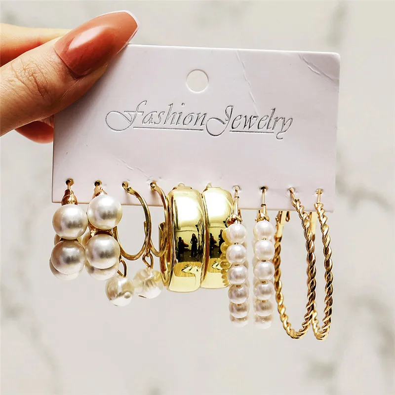 

VAGZEB 2023 New Fashion Gold Color Metal Earrings Set for Women Big Round Simulated Pearl Drop Earrings Female Jewelry Gifts