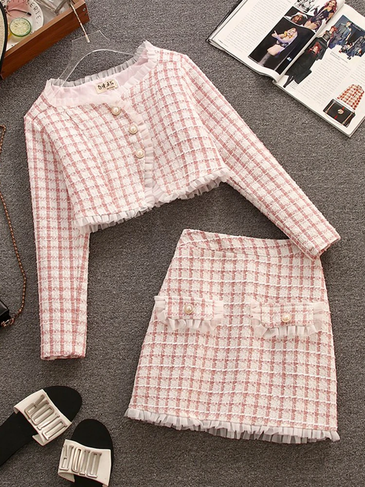 

Женский твидовый костюм из двух предметов, комплект из двух предметов: куртка, укороченный топ и юбка в Корейском стиле, Осень-зима 2022