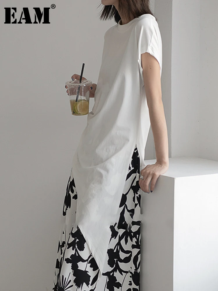 

[EAM] Women White Drawstring Casual Long Irregular T-shirt New Round Neck Short Sleeve Fashion Tide Spring Summer 2022 1DE8184