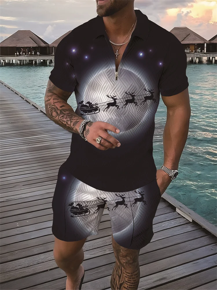 

Мужской спортивный костюм из 2 предметов, рубашка поло с принтом Санта Клауса, футболка с короткими рукавами и шорты, повседневная мужская одежда, рубашка поло на молнии