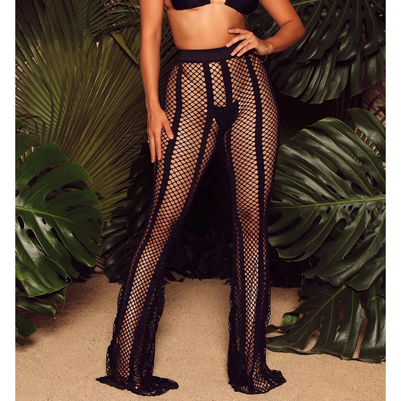 

Women Sexy Fishnet Mesh Beach Pants Solid Color High Waist Flare Trousers Lady Summer Bikini Bottom Cover-Ups Beachwear New