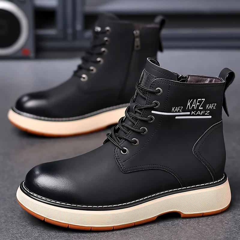 

Black Brown Platform Mens Ankle Boots Fashion Genuine Leather Motorcycle Boots Versatile Lace Up Male Footwear Mid-Calf Boots