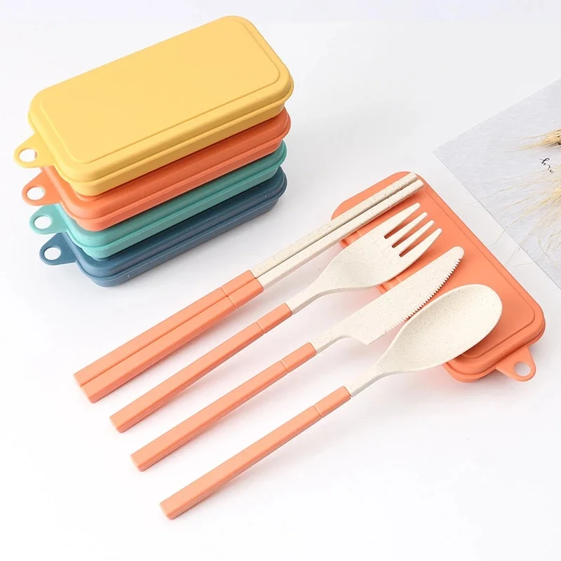 

4PCS Set Wheat Straw Cutlery Spoon Fork Chopsticks Foldable Tableware With Box Dinnerware Travel Use Portable Kitchen Accessorie