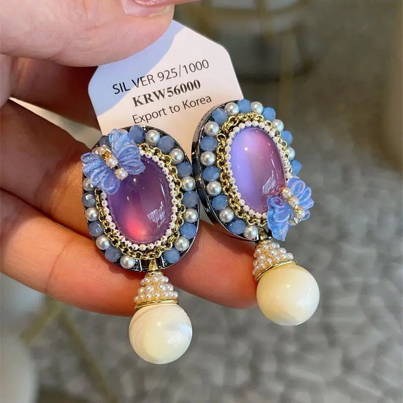 

Women Purple Butterfly Earrings S925 Silver Needle Vintage Sweet Oval Exaggerated Asymmetric Pearl