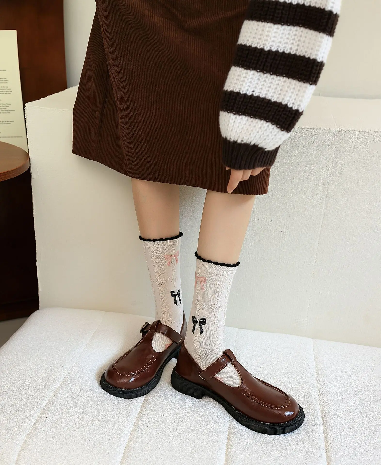 5 Pairs Cute Flowers Lolita Spring Summer Sweet Japanese Socks Set Black White Fried Dough Twists Bow Plaid Cotton Socks Women