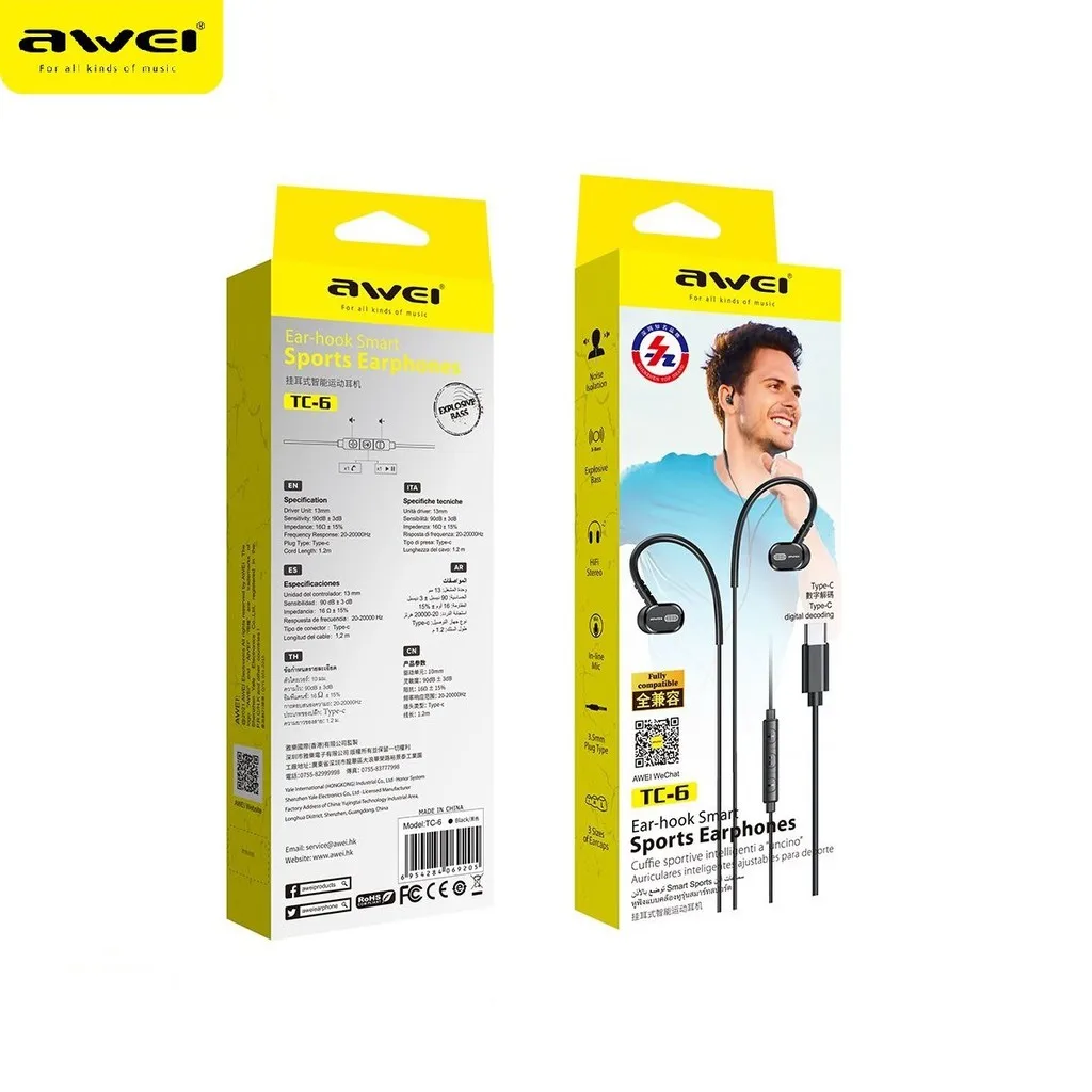 Awei TC-6 наушники Type-C проводные USB C шумоподавляющие черного цвета гарнитура для