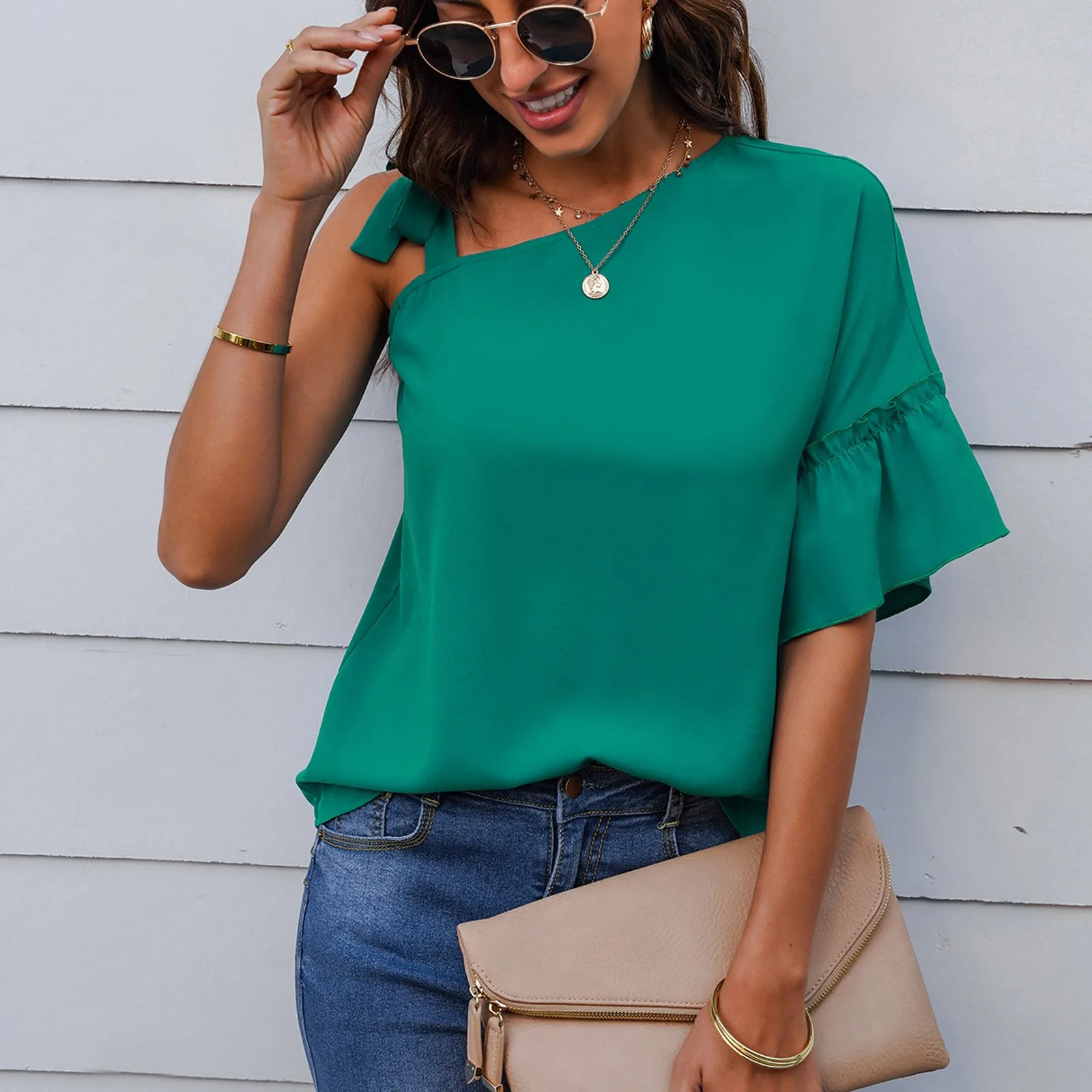 

Elegant Ruffle Blouse Womens Sling Short Sleeve Top Shirt One Shoulder Sleeve Ruffle Cold Shoulder Tee Shirt Top Ropa Mujer
