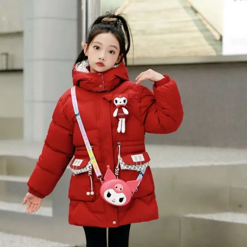 Фото Зимняя хлопковая одежда Kuromi для девочек Sanrios, аниме-фигурка Kawaii, новое бархатное утепленное пальто средней длины с героями мультфильмов, детская одежда №2