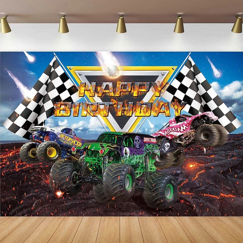 

Monster Truck Themed Birthday Party Photography Backdrop Car Grave Digger Party Supplies Burning Flame Background Photo Booth
