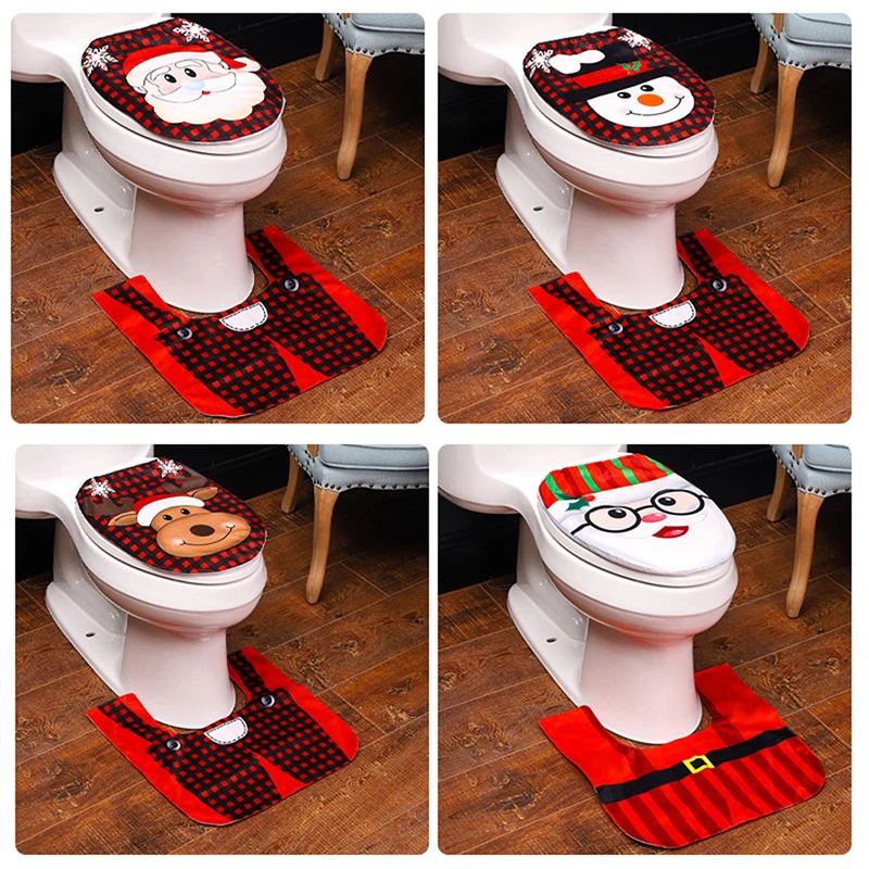 

Christmas Santa Claus Elk Snowman Toilet Cover Xmas Floor Mat Water Tank Cover Two-Piece Set Christmas Accessories For Home