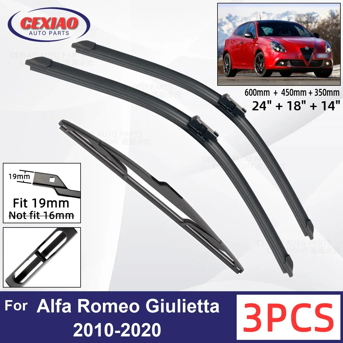 

For Alfa Romeo Giulietta 2010-2020 Car Front Rear Wiper Blades Soft Rubber Windscreen Wipers Auto Windshield 24"18"14" 2018 2019