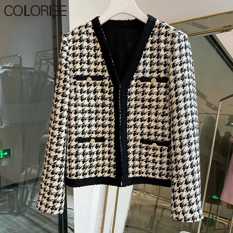 

Vintage Houndstooth Tweed Jackets for Women 2022 Korean Fashion Clothing Short Wool Coat Femme Winter Blends Chaqueta Mujer