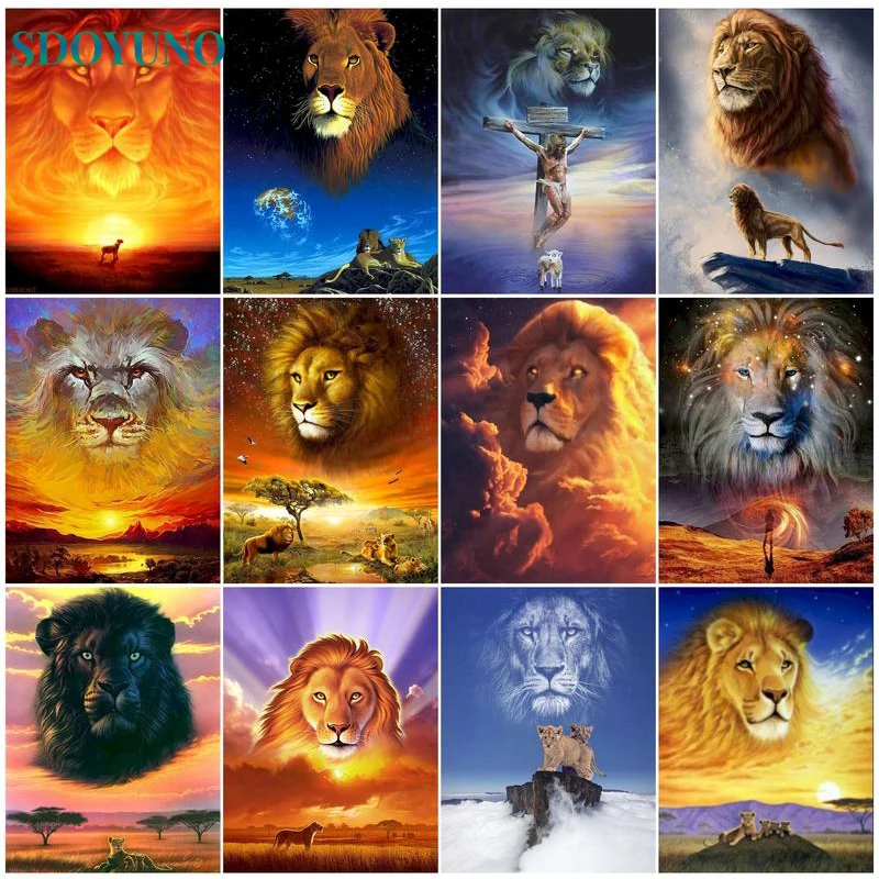 

SDOYUNO Diy Oil Painting By Numbers Animal Lion Acrylic Paints HandPainted Coloring Picture By Number Kits Landscape Home Decor