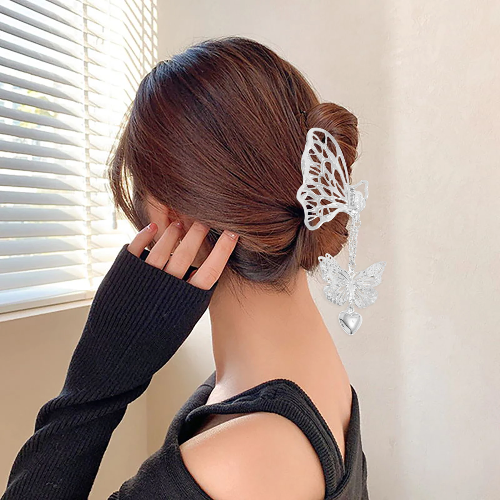 

3/4Pcs Butterfly Heart Pendant Hair Claw Gold/Silver-Color Geometric Butterfly Vintage Long Pendant Hair Crab Hair Clips Hairpin