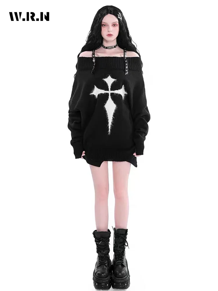 

Женский свитер оверсайз в стиле панк Y2k Goth Dark, вязаные топы с открытыми плечами и длинным рукавом, осень 2022