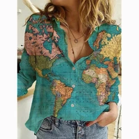 women shirts autumn and winter womens blouse new shirt map depicting printed chic woman blouse long sleeve womens shirt