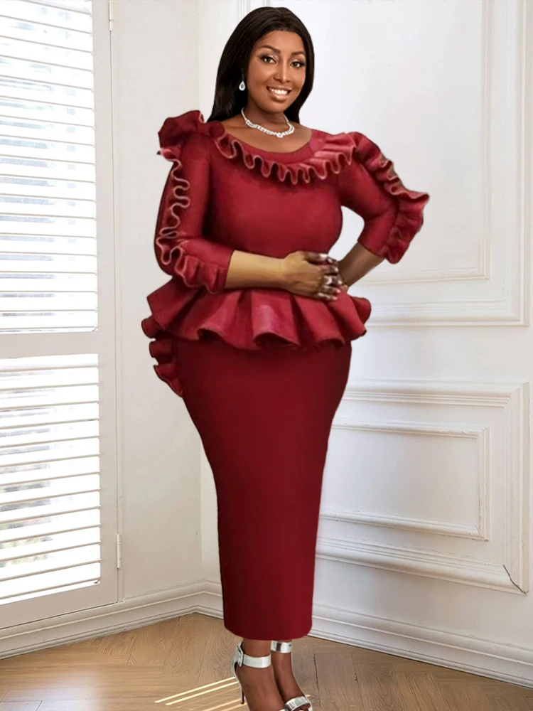 Plus Size 4XL Women Party Maxi Dresses Ruffles Peplum Red Christmas Robes Event Package Hip Prom African Female Wedding Autumn