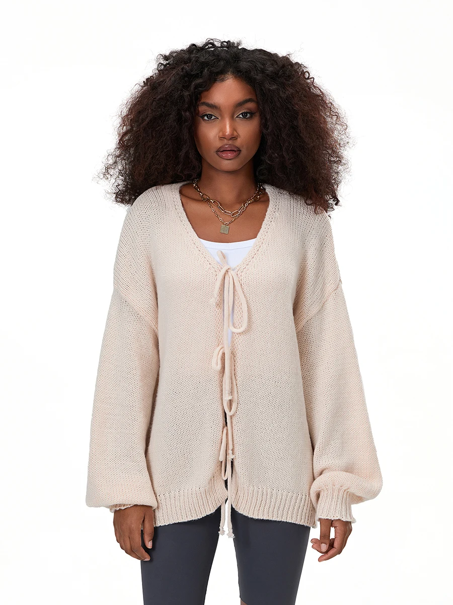 Женский осенний свитер с завязками спереди однотонный свободный трикотажный