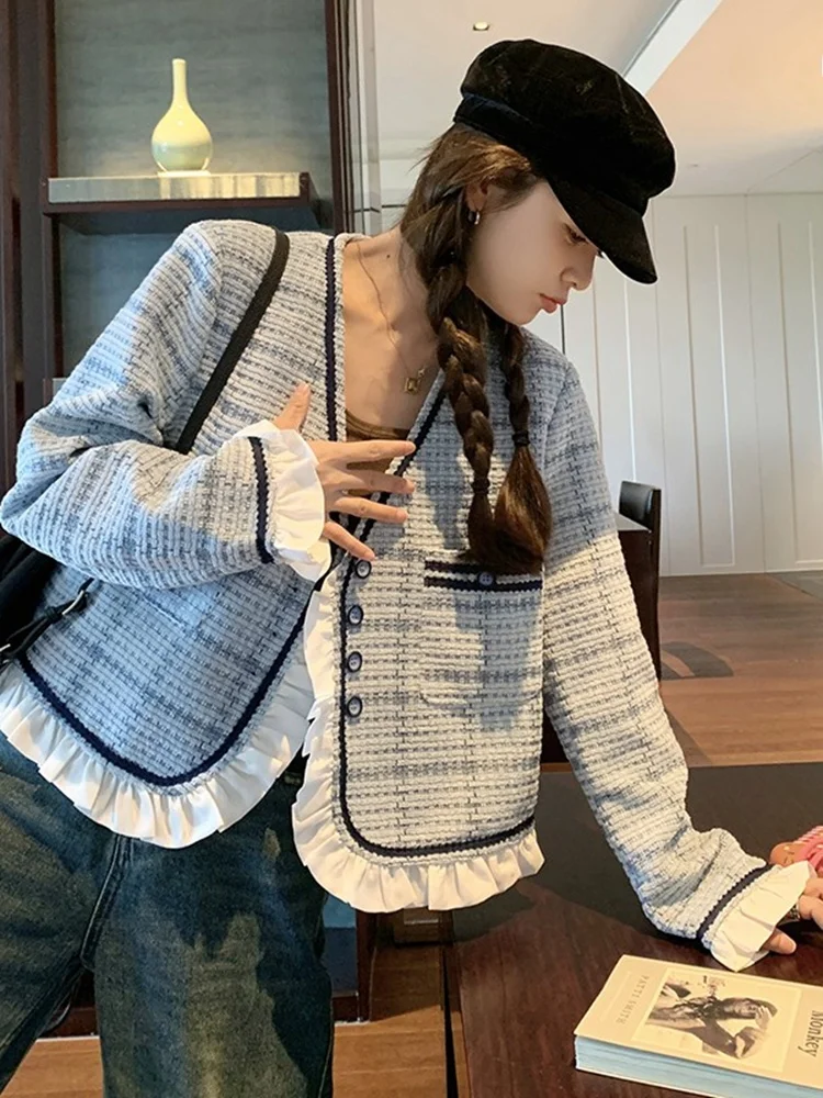 Изящная верхняя одежда в синюю клетку осенняя французская высококачественный