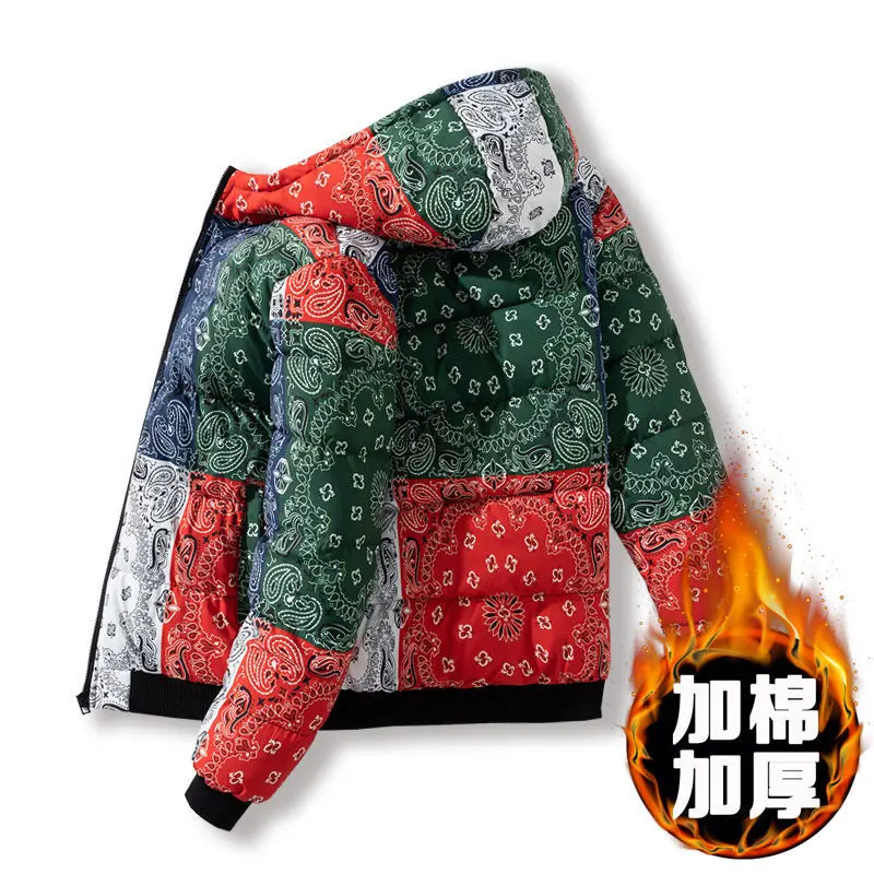 Winter Down Jackets Coat Parka Bandana Paisley Pattern Harajuku Hip Hop Hooded Jackets for Men Outwear Windbreaker Streetwear