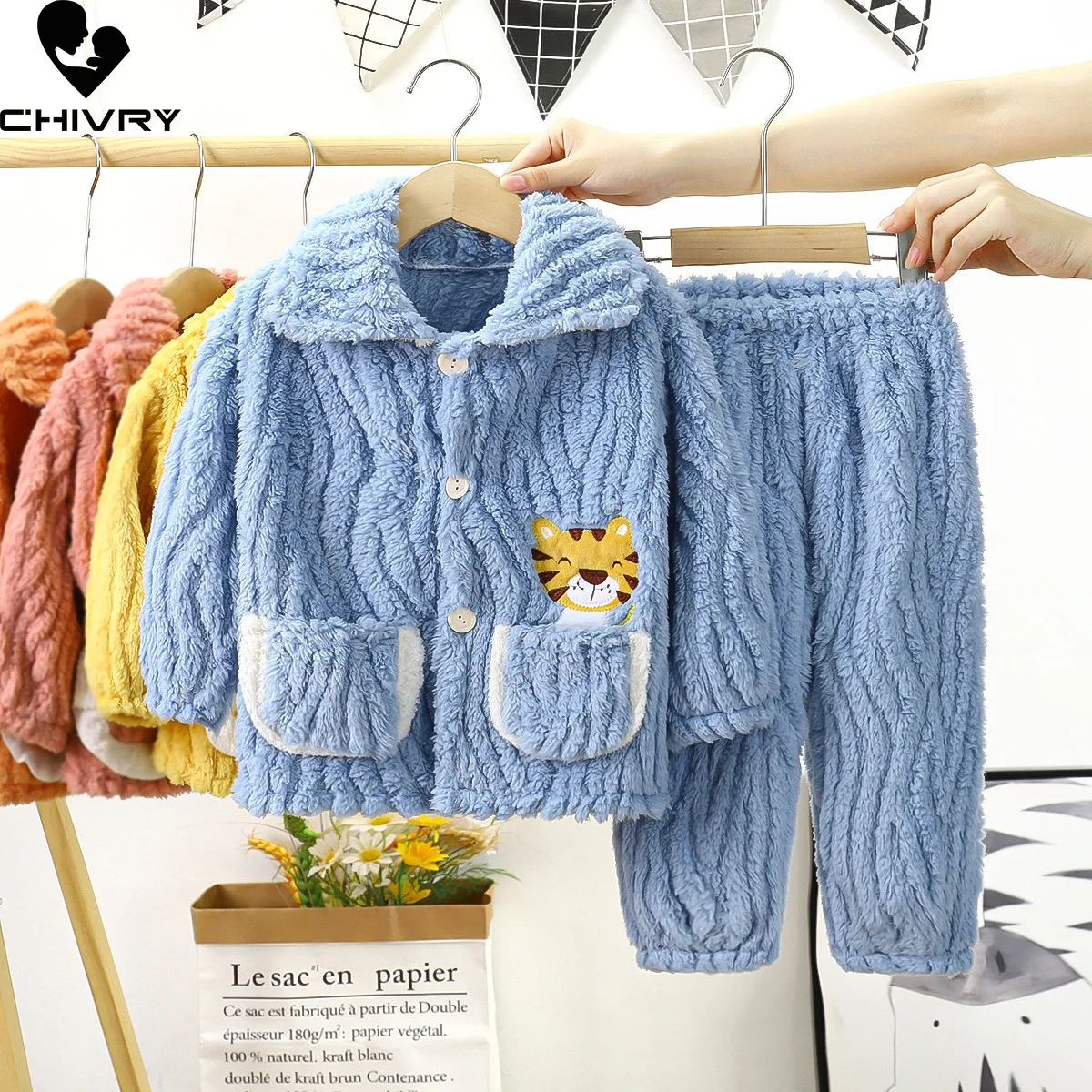 New Kids Autumn Winter Coral Fleece Warm Pajama Sets Cartoon Long Sleeve Lapel Tops with Pants Baby Boys Girls Pyjamas Sleepwear