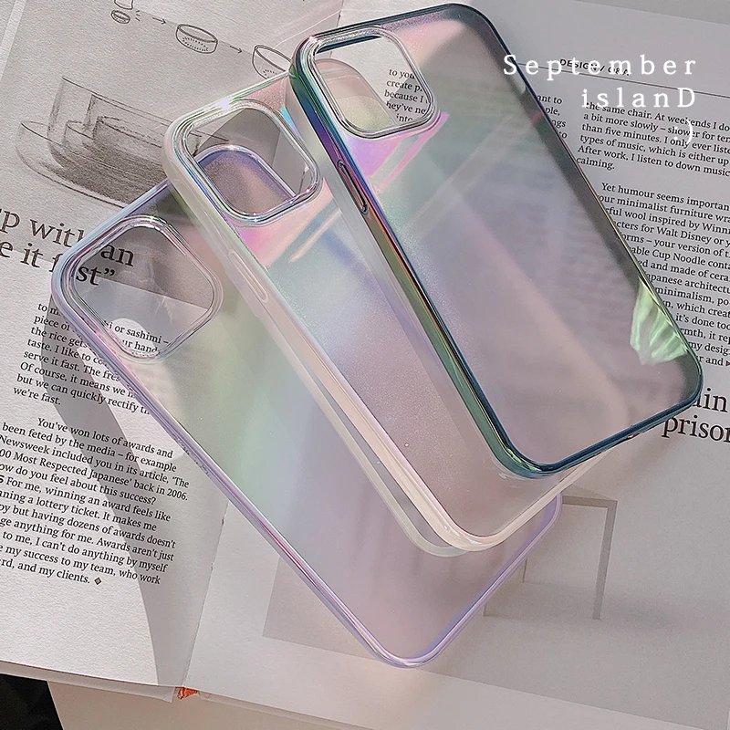 

Luxury Square Glossy Electroplating transparent laser rainbow soft hard Phone Case For iPhone 13 12 Pro Max 11 MiNi Back Cover