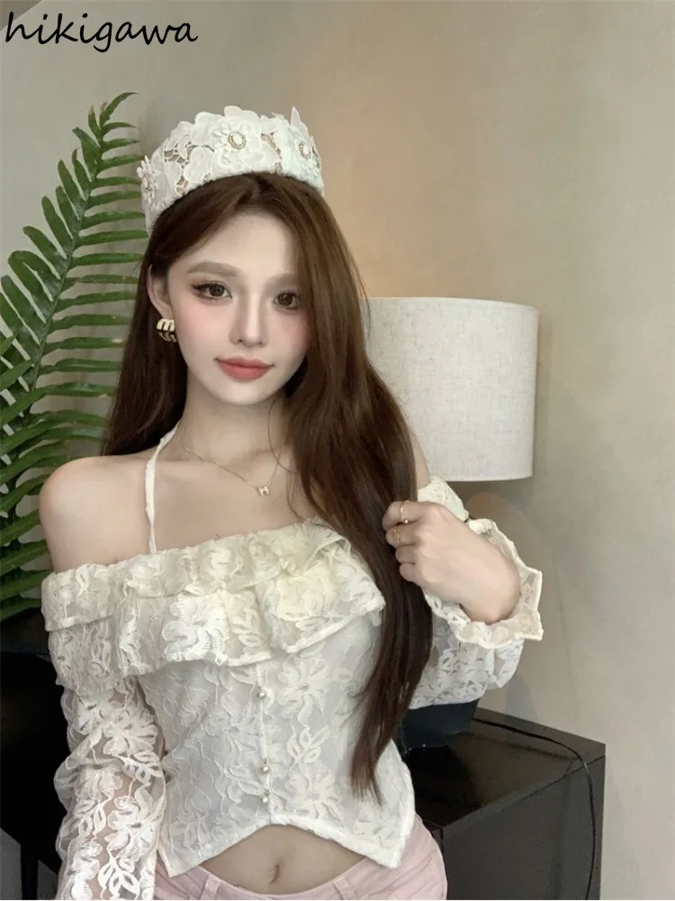 Женская кружевная блузка с вырезом лодочкой летняя расклешенными рукавами