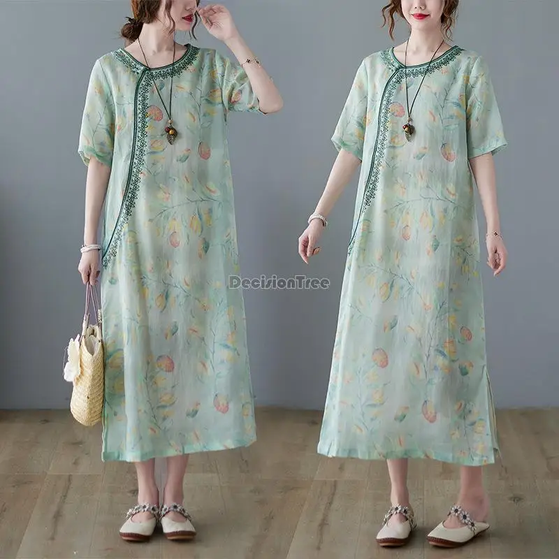 

2022 chinese national style improved cheongsam dress literary 3XL round neck cotton line ramie women short sleeve loose dress