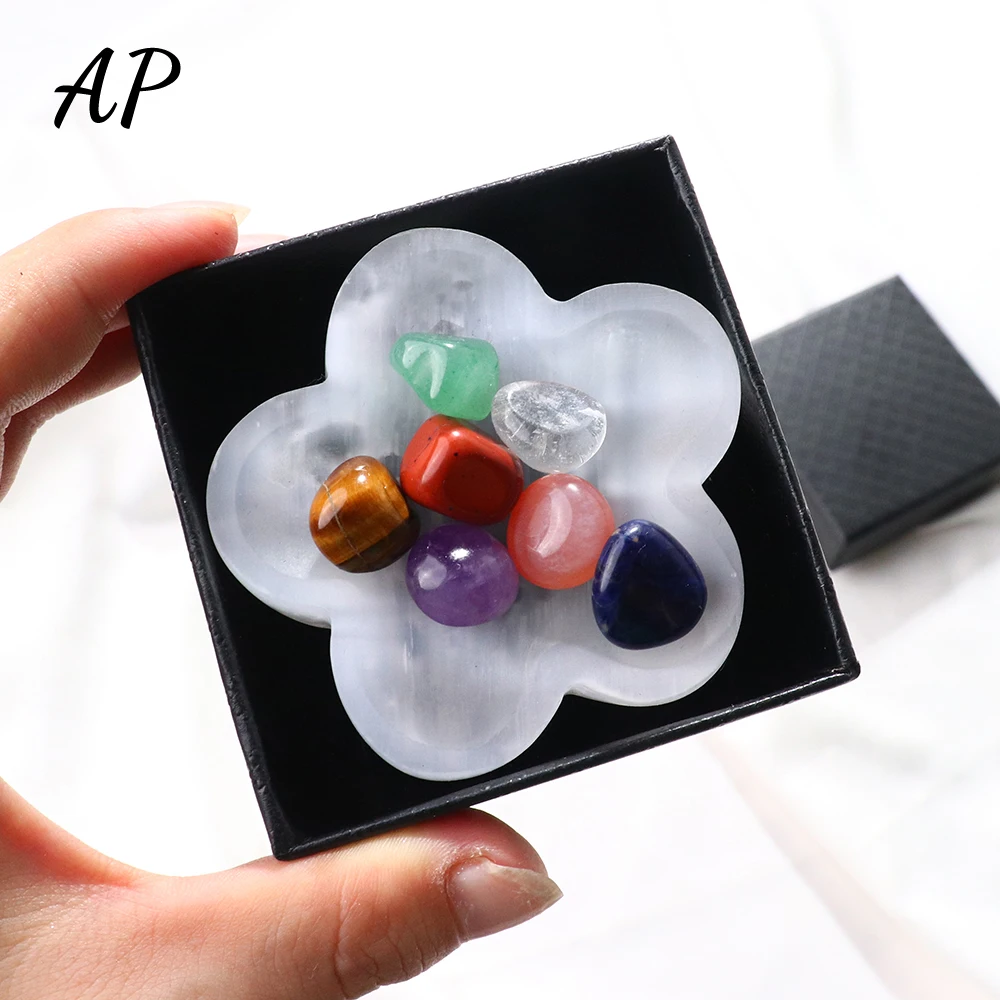

1set Seven Chakra Natural Polished Stone White Selenite Flower Shape Crystal Bowl Carving Healing Gemstone Crystal Crafts