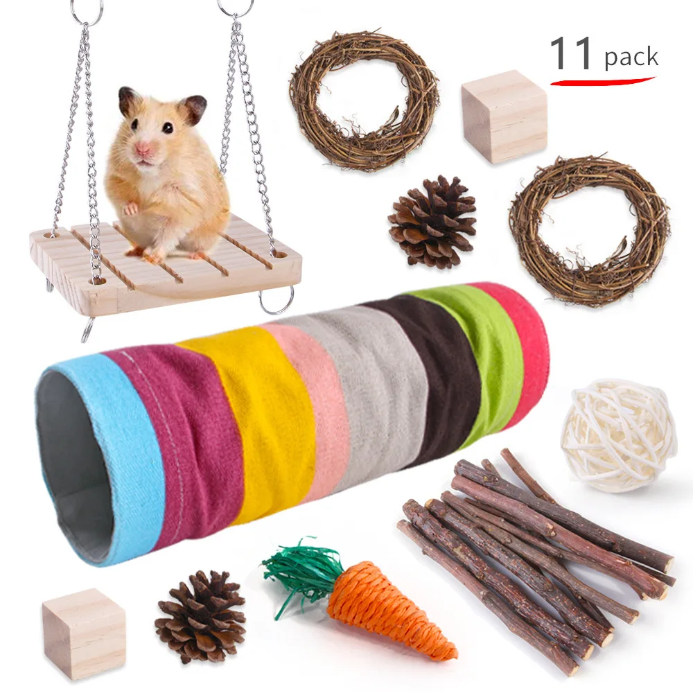 

Hamster Tube Wooden Chew Molar Toys Small Animal Foldable Exercising Tunnels with Cute Toys for Guinea Pigs Gerbils Rats Ferrets