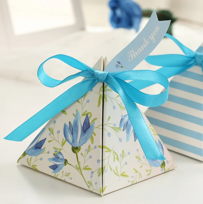 

50 шт ярко розовый/синий цветок треугольная пирамида Свадебные сувениры конфетные коробки вечерние принадлежности спасибо Подарочная коро...