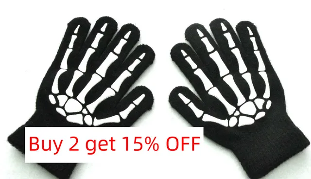 Knitting Gloves for Children 5-12 Years Old Light in the Dark Luminous Human Skeleton Head Ghostcrawler Print Fingers Gloves New 2