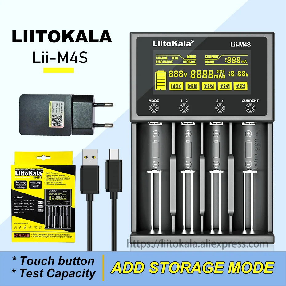 

LiitoKala Lii-M4S 18650 LCD Multifunctional Battery Charger For 3.7V 1.2V 26650 21700 14500 18350 17500 AA AAA A C And Other